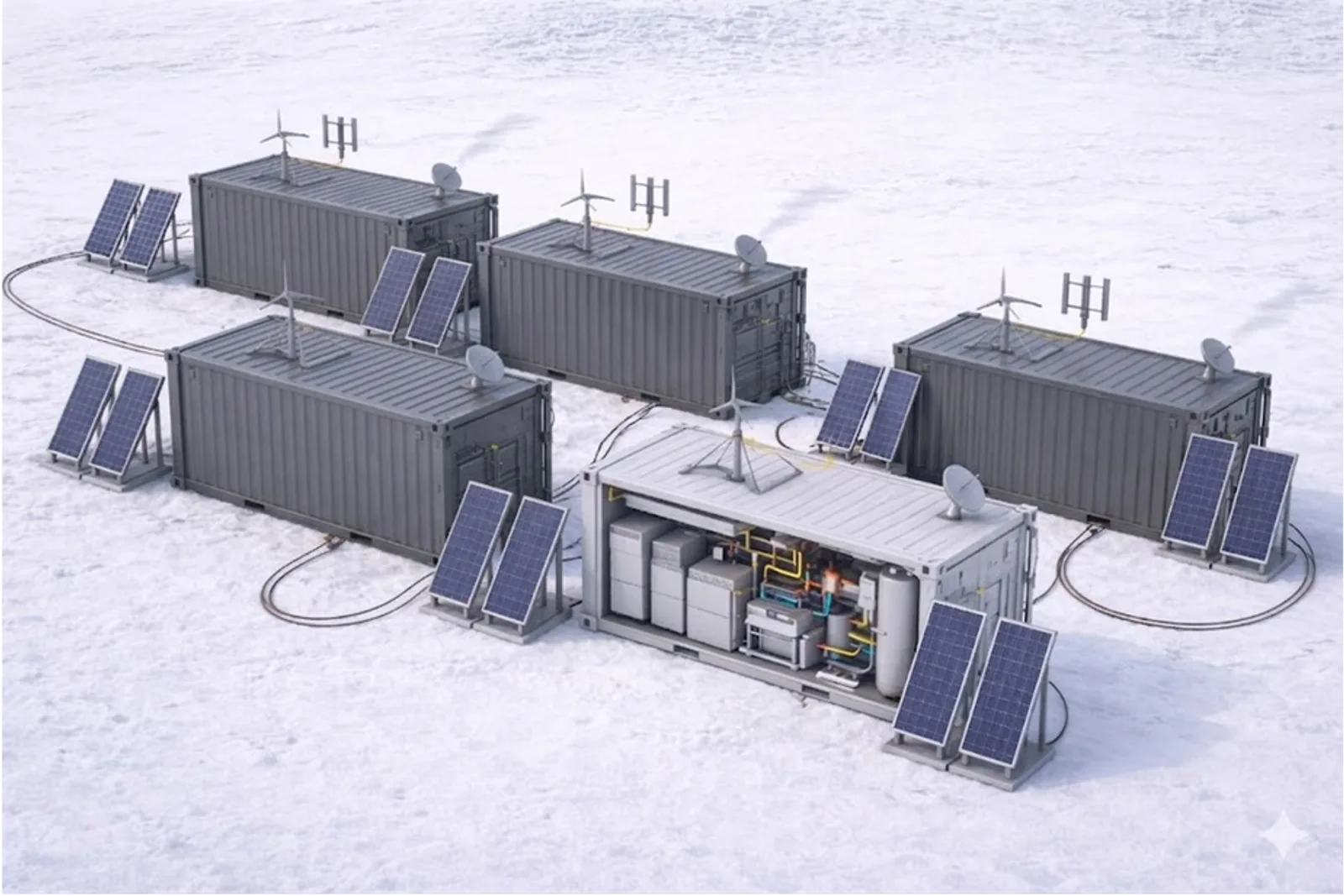 Multiple Polar Sentry units networked together across a snowfield, each with solar panels and wind turbines
