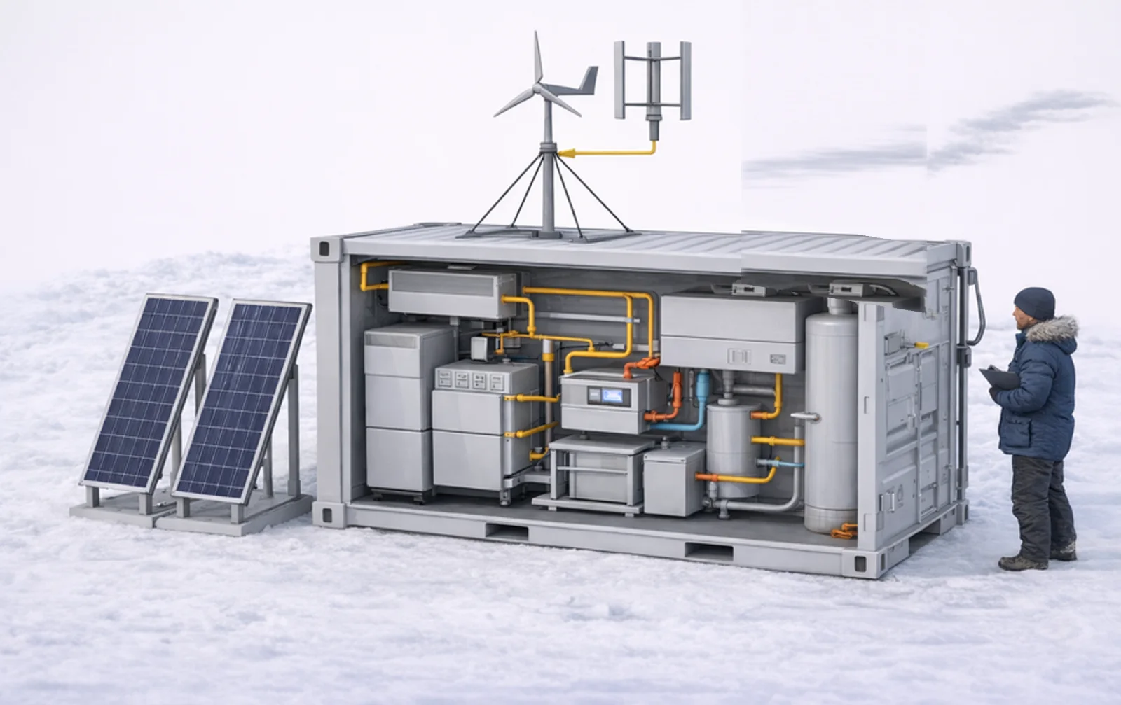 Polar Sentry containerized hybrid power unit with solar panels and a vertical-axis wind turbine, deployed in the snow